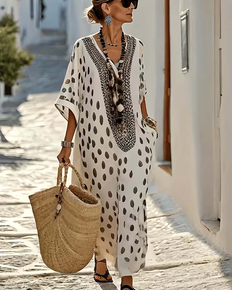 Robe Maxi Femme Fluide Pois Col V Broderie Ethnique
