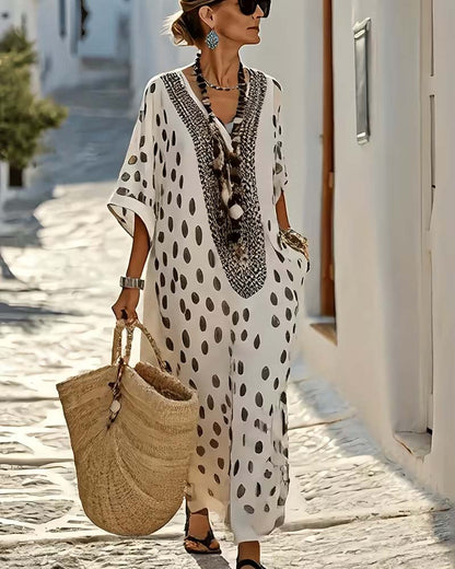 Robe Maxi Femme Fluide Pois Col V Broderie Ethnique