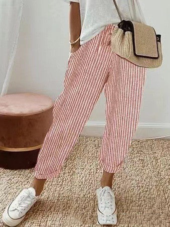 Pantalon femme rayé décontracté coton confortable