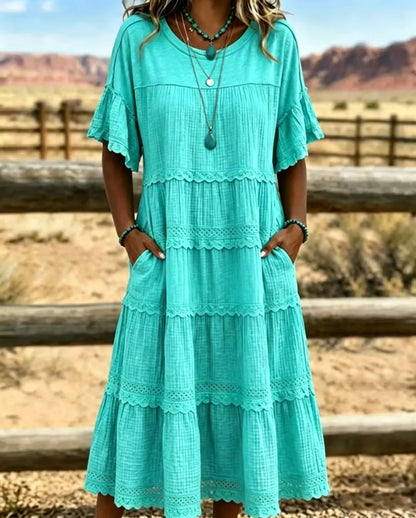 Robe midi Femme Coton Lin Volants Délicats