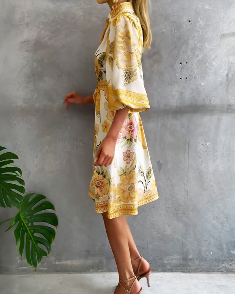 Robe Femme Imprimé Floral Manches Lanternes Boutons