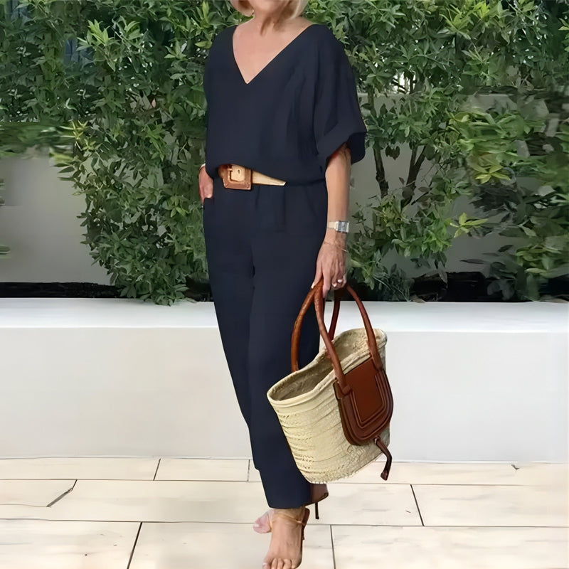 Ensemble Femme Col en V Pantalon Ample Coupe Décontractée