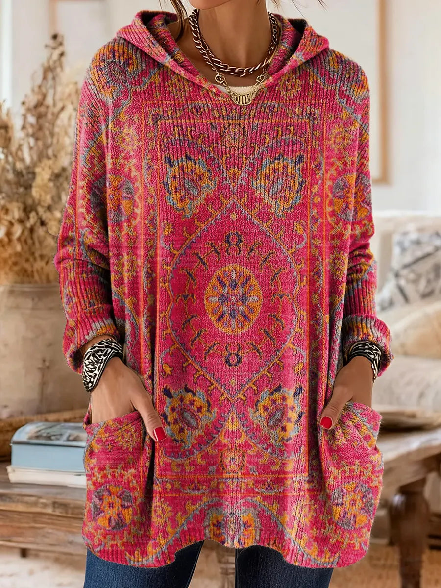 Tunique Femme Tricot Capuche Style Rétro Coupe Ample Poches