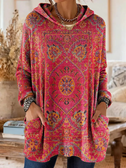 Tunique Femme Tricot Capuche Style Rétro Coupe Ample Poches