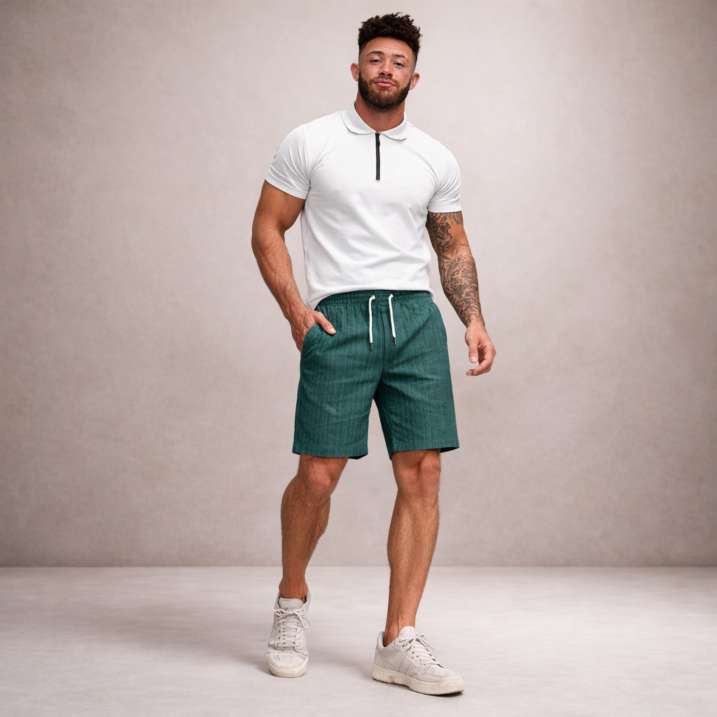 Short Homme Lin Mélangé Taille Cordon Coupe Décontractée