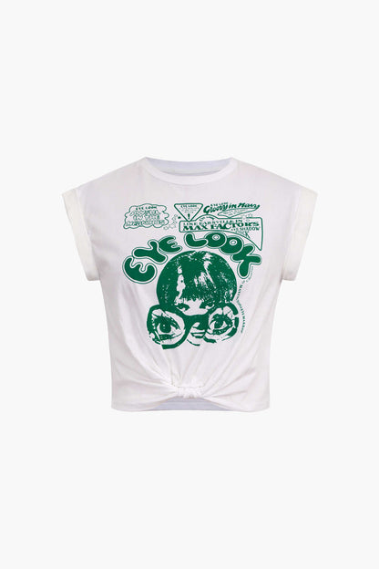 T-Shirt Crop Femme imprimé avec nœud détail manches courtes