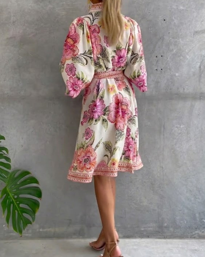 Robe Femme Imprimé Floral Manches Lanternes Boutons