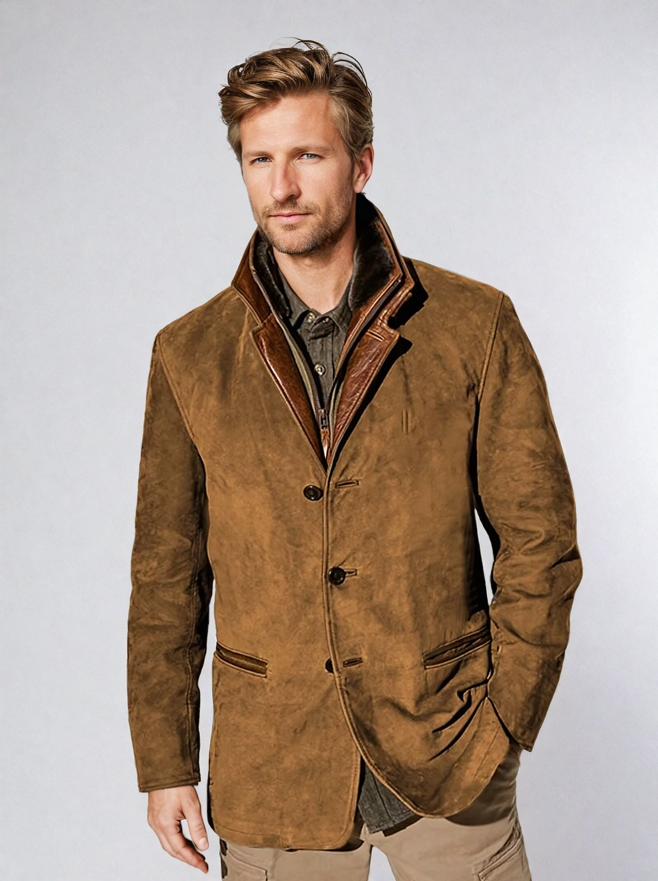 Veste Cuir Homme Brun avec Col Revers Contraste