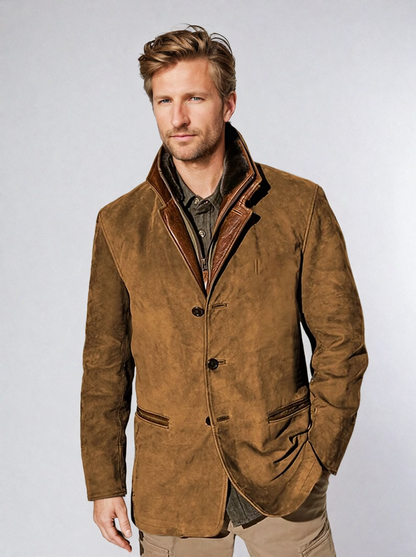 Veste Cuir Homme Brun avec Col Revers Contraste