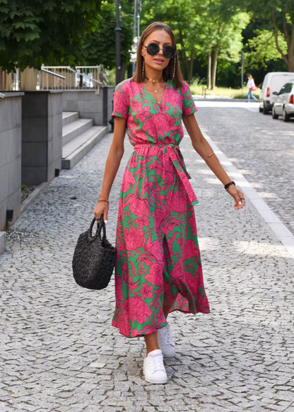 Robe Femme Fluide Coupe Portefeuille Motif Floral Manches Courtes