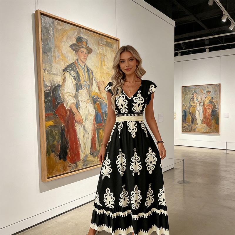 Robe longue Femme Taille smockée Imprimé baroque
