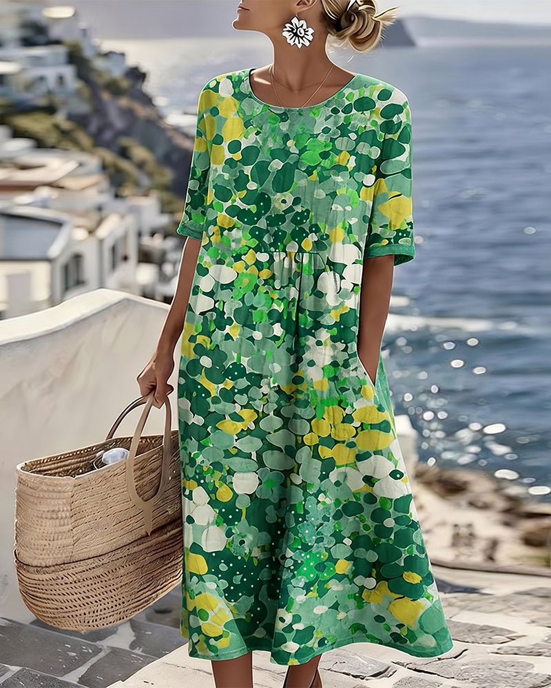Robe Midi Femme Coton Lin Poches Manches Courtes