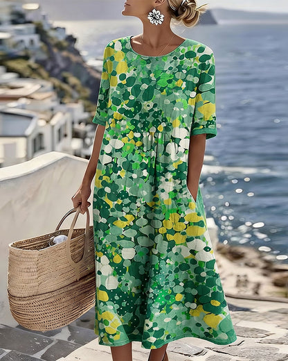 Robe Midi Femme Coton Lin Poches Manches Courtes