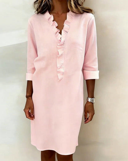 Robe Femme Col en V Volants Coupe Droite Décontractée