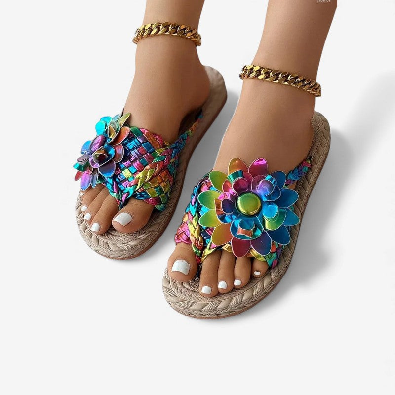 Sandales Été à Talons Plats avec Fleurs Colorées - PanierRoyale