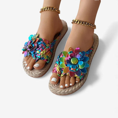 Sandales Été à Talons Plats avec Fleurs Colorées - PanierRoyale