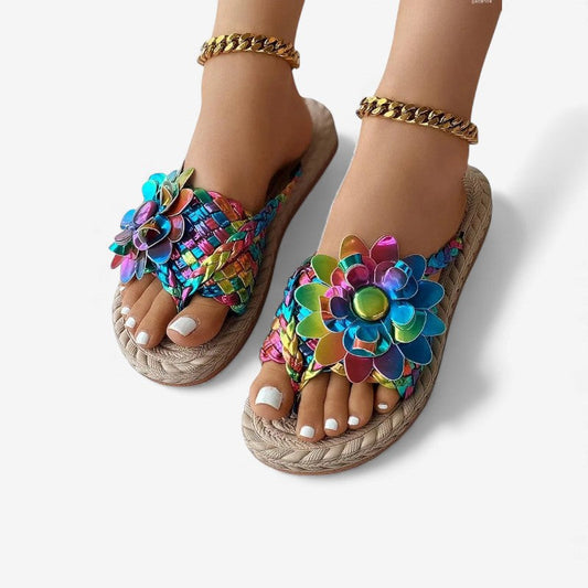 Sandales Été à Talons Plats avec Fleurs Colorées - PanierRoyale