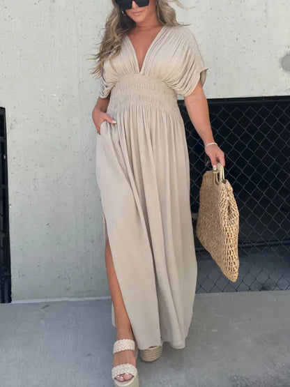 Robe Longue Femme Élégante en Soie Legère Col en V