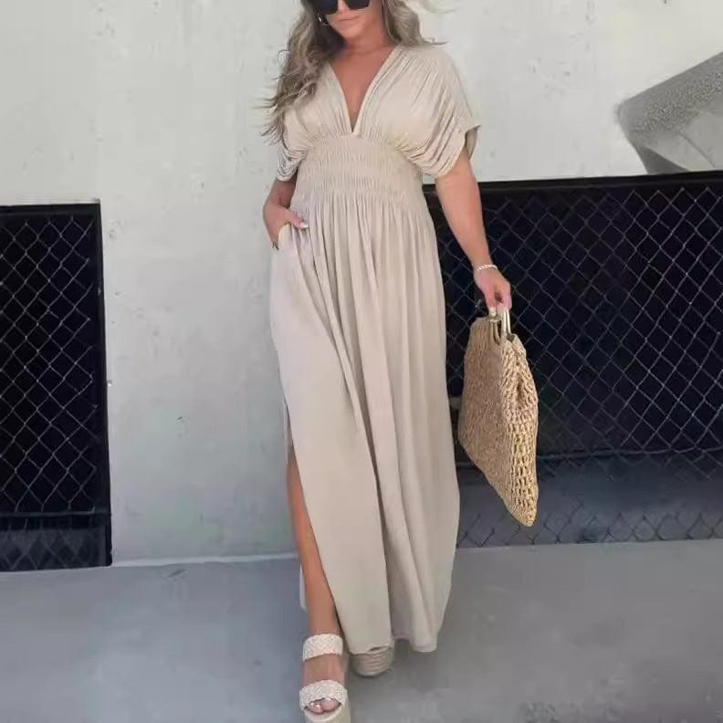Robe Été Femme Longue Bohème avec Fente et Décolleté en V