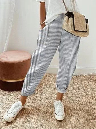 Pantalon femme rayé décontracté coton confortable