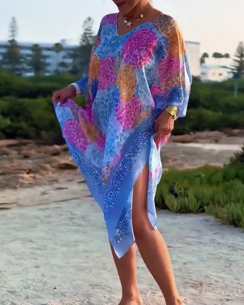 Robe Plage Femme Imprimée Manches Chauve-souris Fluides