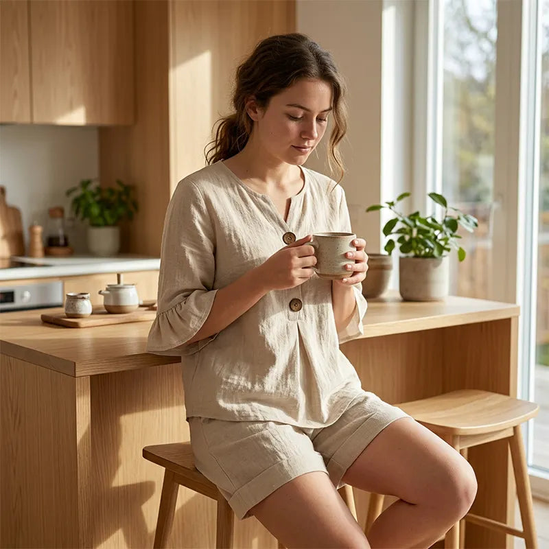 Ensemble Femme Coton Blouse Boutons et Short Confortable