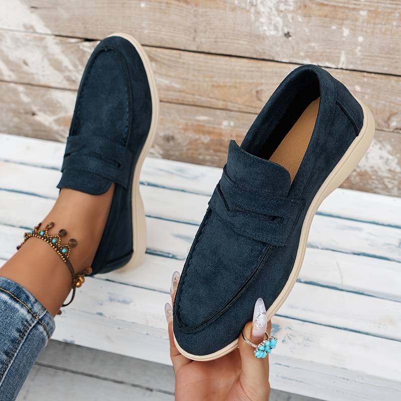 Mocassin en Cuir Velours Beige et Bleu Marine