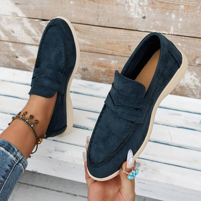Mocassin en Cuir Velours Beige et Bleu Marine