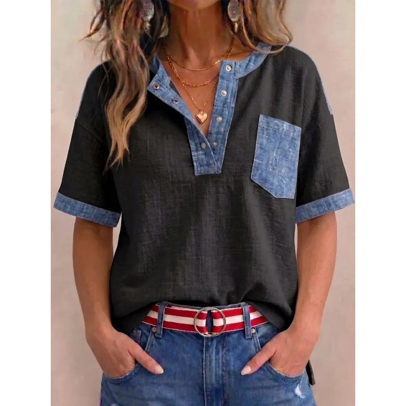 Femme Coton Col en V Détails Denim
