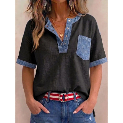 Femme Coton Col en V Détails Denim