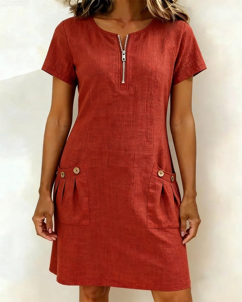 Robe Courte Femme Poches Col Zippé Moderne