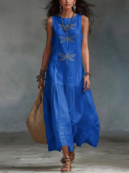 Robe longue Femme Coton Lin Broderie Libellule