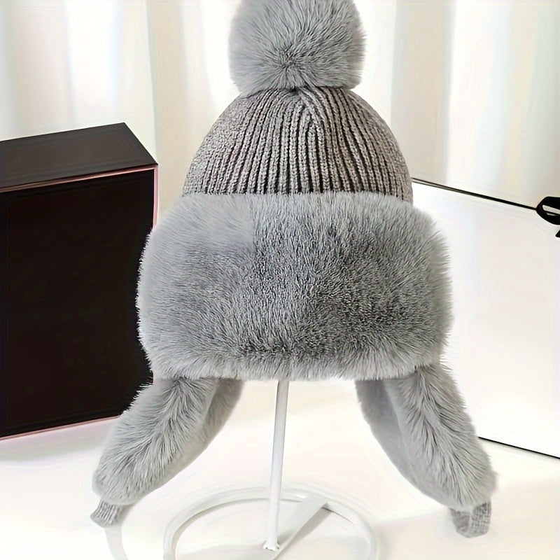 Bonnet Femme Hiver Chaud avec Oreilles Protégées et Pompon Coloré