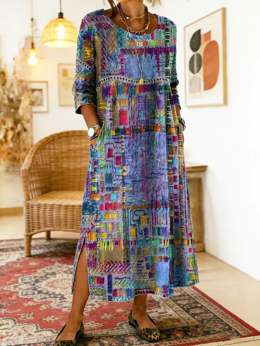 Robe Femme Denim Patchwork Ethnique Coupe Fluide - PanierRoyale