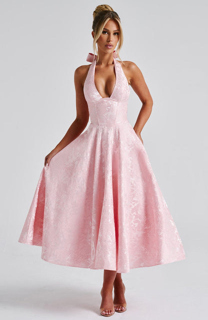 Robe Femme Élégante Florale avec Dos Nu et Taille Cintrée