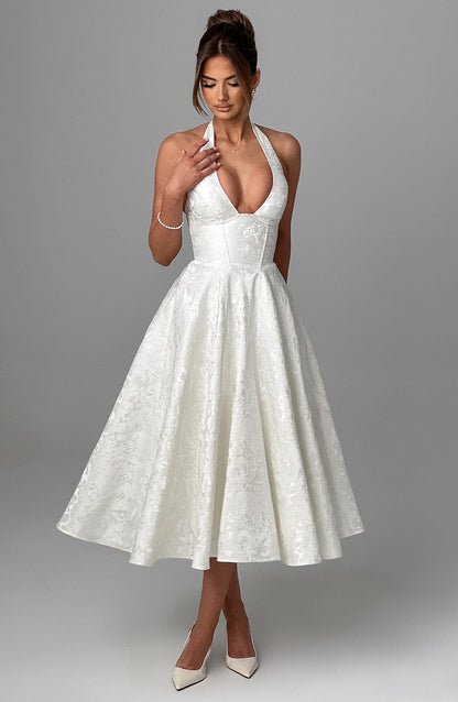 Robe Femme Élégante Florale avec Dos Nu et Taille Cintrée