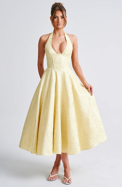 Robe Femme Élégante Florale avec Dos Nu et Taille Cintrée