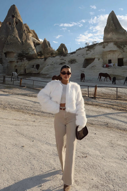 Manteau Court en Fourrure Synthétique Blanc Luxe