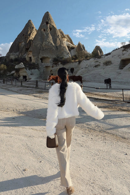 Manteau Court en Fourrure Synthétique Blanc Luxe