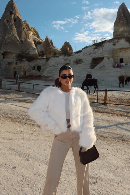 Manteau Court en Fourrure Synthétique Blanc Luxe