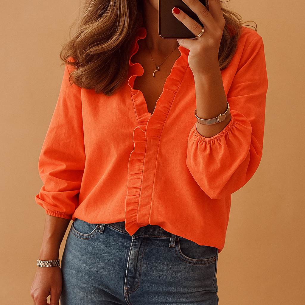 Blouse Florale Élégante Manches Longues Corail - PanierRoyale