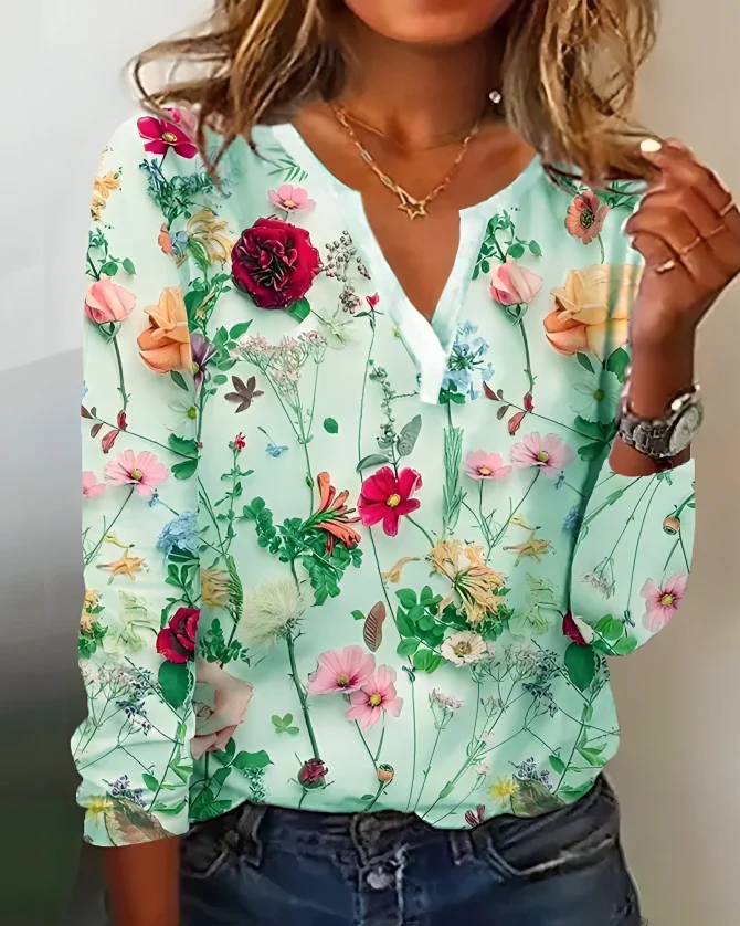 Blouse Femme Manches Longues Imprimé Floral Élégant