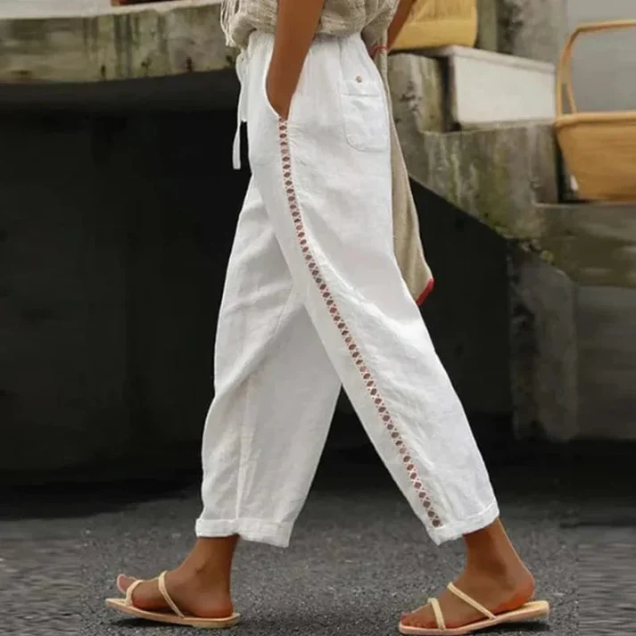 Pantalon Femme Blanc à Broderies Élégant