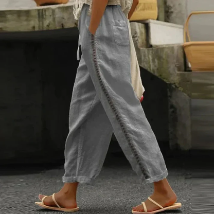 Pantalon Femme Blanc à Broderies Élégant
