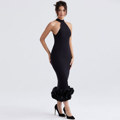 Elena™ – Robe Midi Femme Noire Élégante avec Ourlet Volant Festif-2