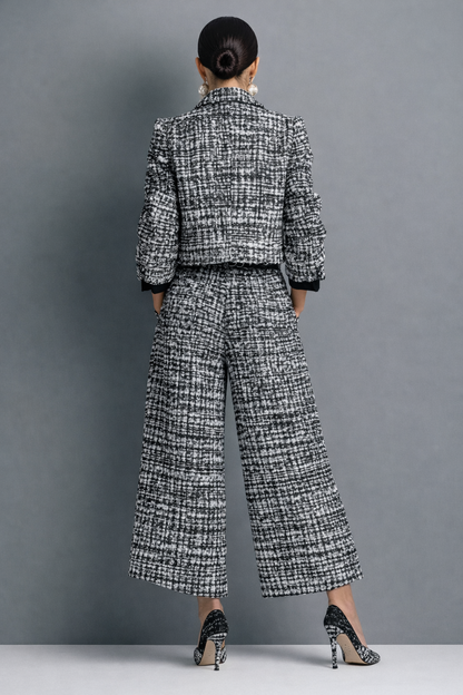 Ensemble Femme Tweed Veste Courte Pantalon Large