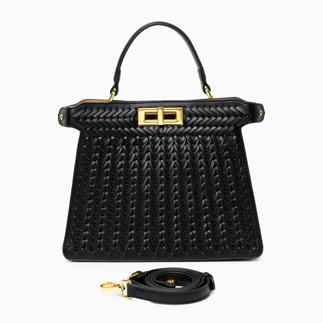 Sac à Main Tressé Élégant avec Fermeture Tourne et Détails Dorés