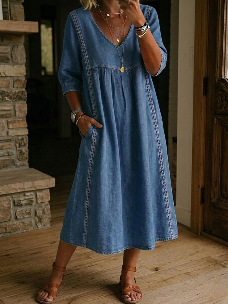 Robe Femme Denim Fluide Col en V Détails Dentelle Style Décontracté - PanierRoyale