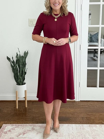 Robe Midi Femme Coupe Évasée Col Rond Manches Courtes