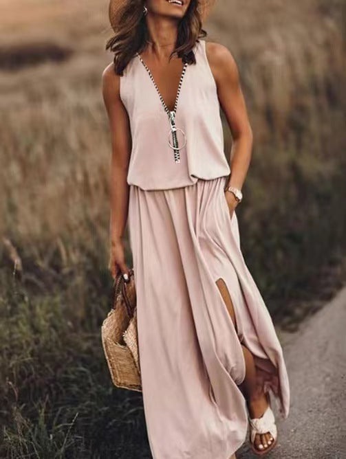 Robe Longue Femme Fluide Col V Zippée Coupe Ample Fendue